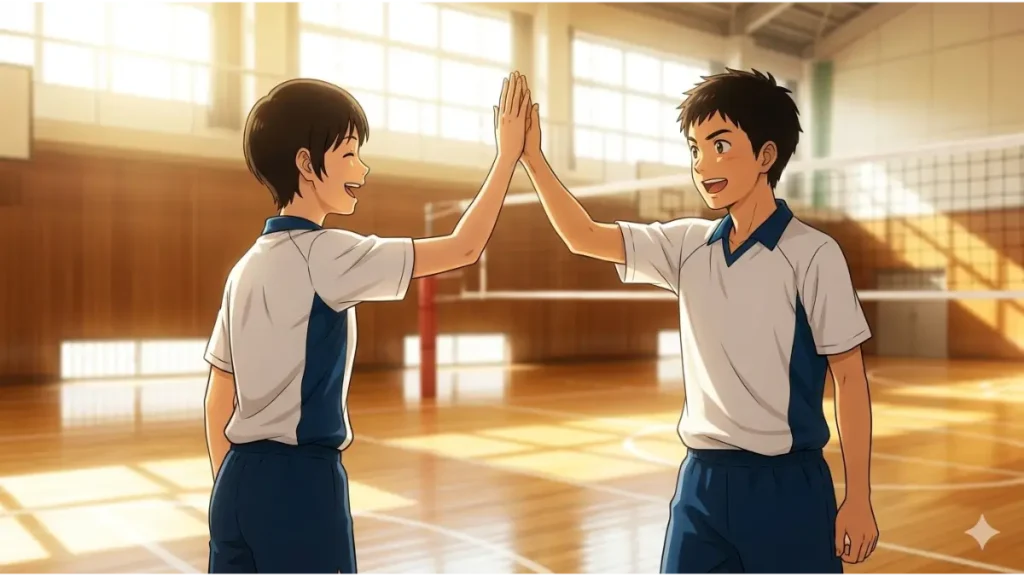 体育館でハイタッチをする中学生バレーボールの男女選手