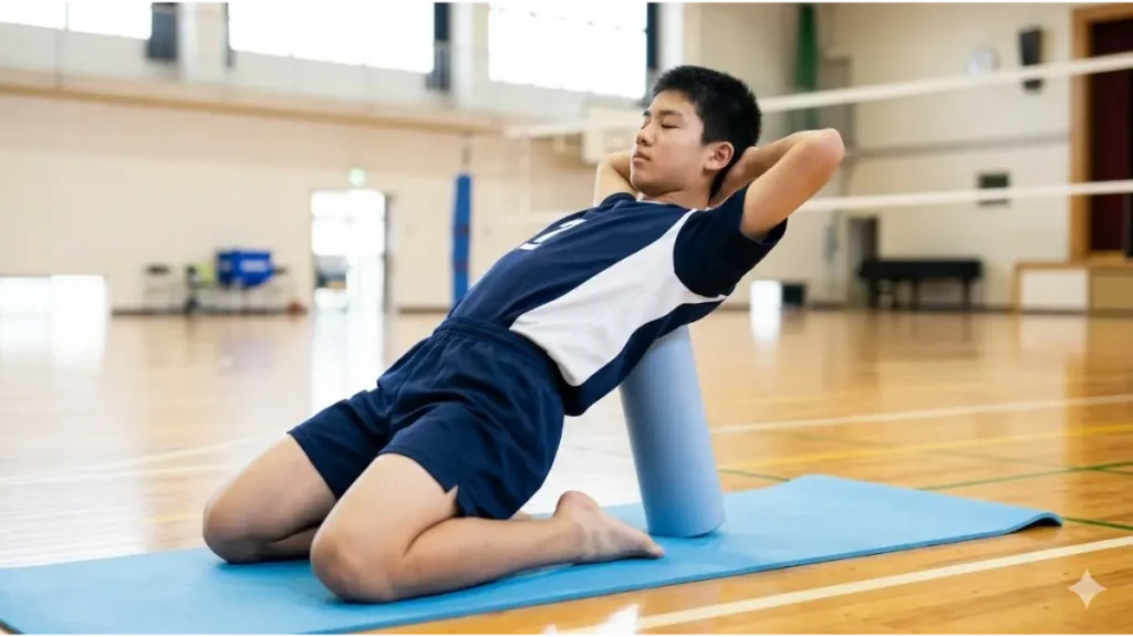 ジャンプ力向上に欠かせない胸椎の可動域を広げるストレッチを行う日本の中学生選手。