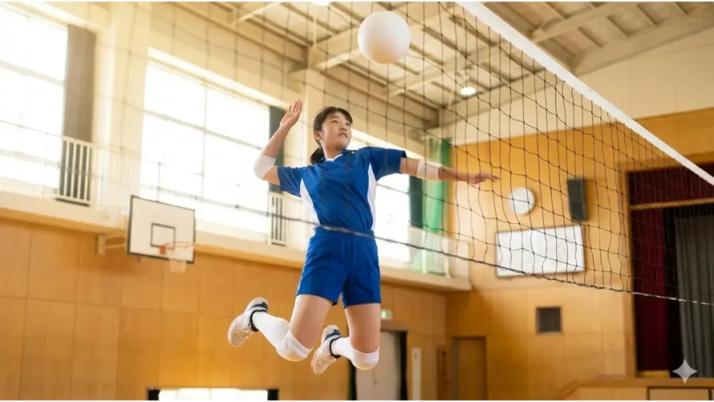体育館でネットを越えて高く跳び、スパイクを打つ日本人中学生女子バレーボール選手の躍動感のある写真。