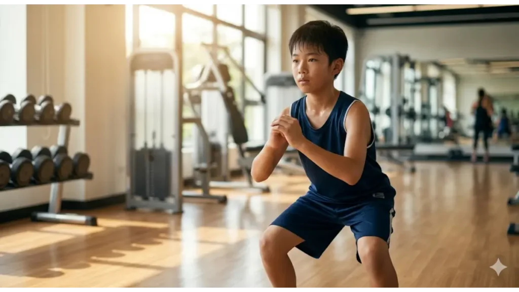 バスケの練習でスクワットをする日本人中学生男子。適切な筋トレは成長ホルモン分泌を促し身長停止の噂を否定するイメージ。