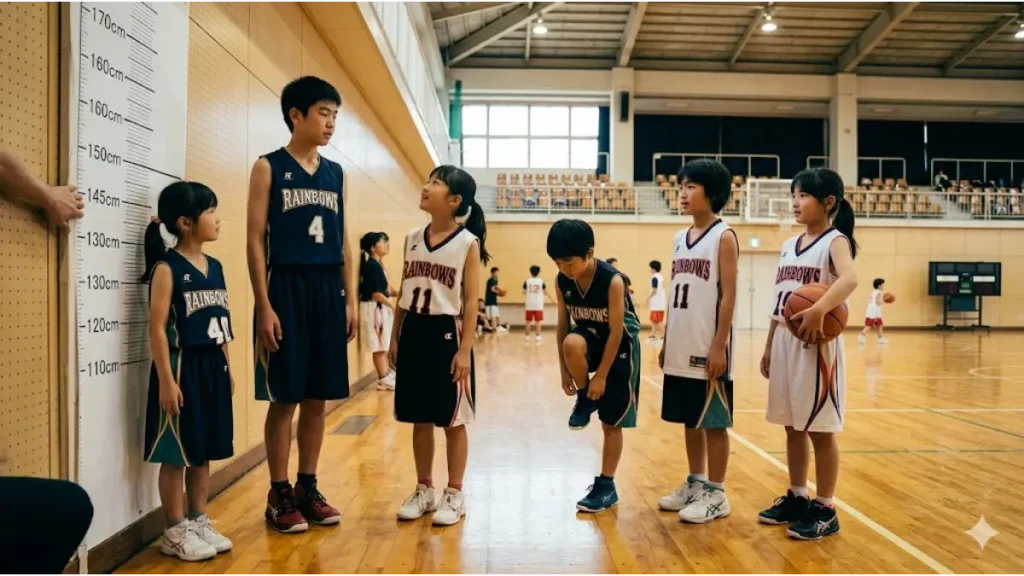 日本の小学校のバスケットボールコートに並んだミニバス男子と女子。異なる身長の選手たちが、身長測定チャートの前で自然に振る舞っている。彼らはチームユニフォーム（背番号4、7、11、Aなど）を着用し、一人はバスケットボールを持っている。身長のばらつきとチームワークを象徴する、暖かく本物のドキュメンタリー風写真。