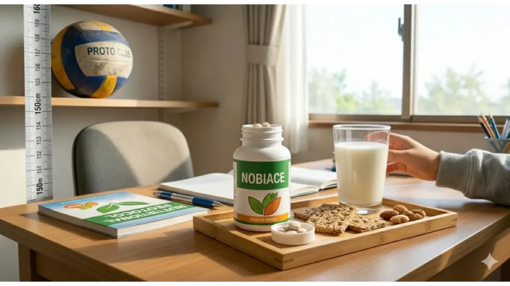 明るい窓際にある中学生の勉強机の上に、開けられたボトルに入った成長期サプリメント「ノビエース」の粒と、傍らに置かれた新鮮な牛乳、健康的なスナックが写っている。机の奥には、以前使用していた「PROTO CLUB」のバレーボールが片付けられ、壁の身長計が部分的に見えている。自然光が差し込む、クリーンな実写風の写真。