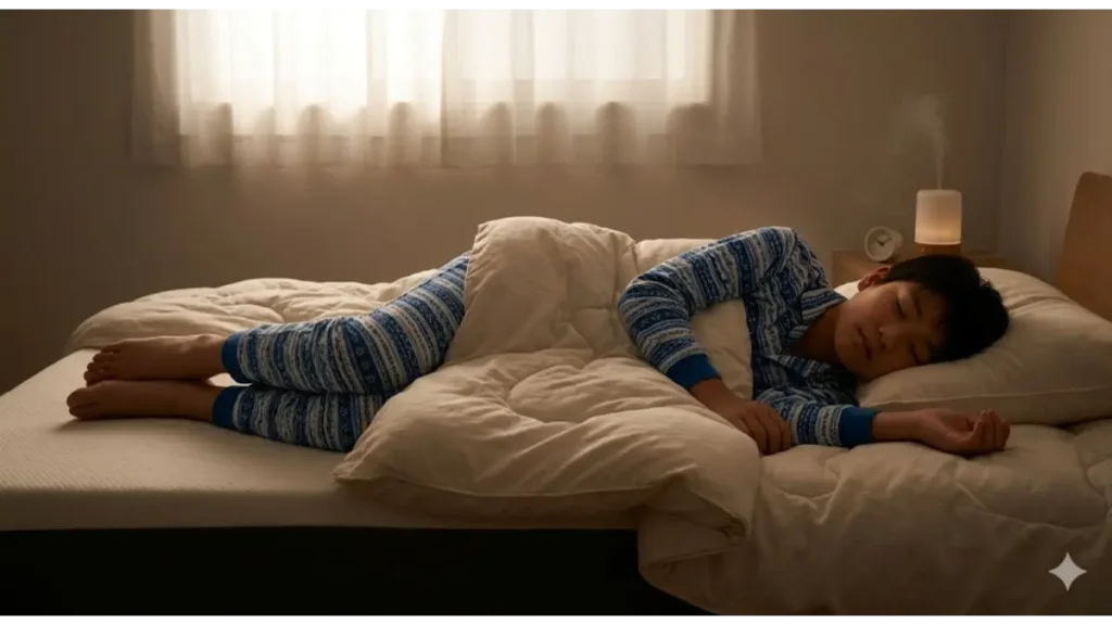 バスケの練習で疲労した日本人中学生が深く眠るノンレム睡眠の様子。成長ホルモン分泌が最大化し骨が伸びやすい状態をイメージ。