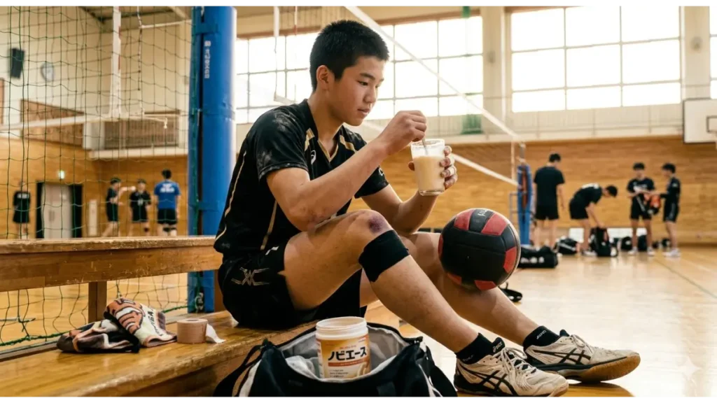 日本の高校の体育館。夕方の練習後、男子バレーボール部員が、ネット支柱の近くのベンチに座り、身体づくりのために『ノビエース』を水に溶かして、理想の最高到達点を目指す実写風画像。ブロック酷使による痣やテーピングの跡も見える。