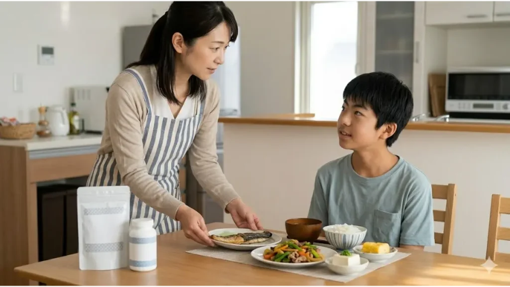 成長期の子供のために栄養豊富なバランスの取れた食事と、 generic なサプリメントのパッケージをダイニングテーブルに準備する母親と、それを前にした中学生の息子。日本の一般家庭のダイニングキッチン。