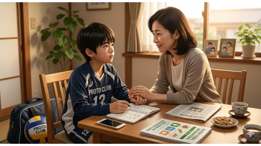 日本の家庭のダイニングルームで、小柄な中学生の男の子が母親と向かい合って座り、真剣な表情で話している。男の子の手は、睡眠時間などの具体的な数字を記録したノートを指さしている。母親は優しく、誠実な表情で彼の話を聞き、彼の手を包み込んでいる。男の子の傍らの床にはバレーボールと部活のバッグが置かれている。温かい夕方の光。