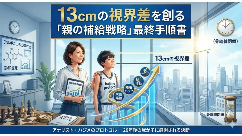 13cmの視界差を創る補給戦略を親子と上昇グラフで描いた図解画像。アナリスト推奨の栄養・睡眠・運動による成長期戦略手順書。