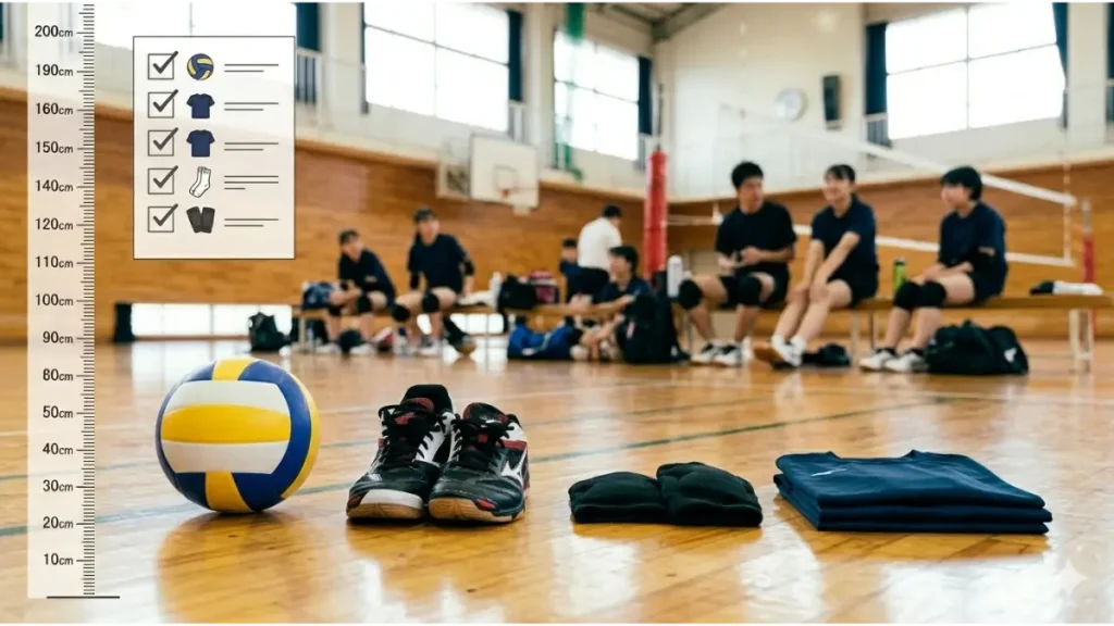 屋内ジムのコートに置かれた、優先順位が高い順に並べられたバレーボール装備。一番手前にアシックスのバレーボールシューズ( image_2.png のもの)、次に膝サポーター( image_2.png のもの)、そしてミカサのバレーボール( image_2.png のもの)。背景には blurred(ぼかした) junior high school 学生が練習している姿が見える。