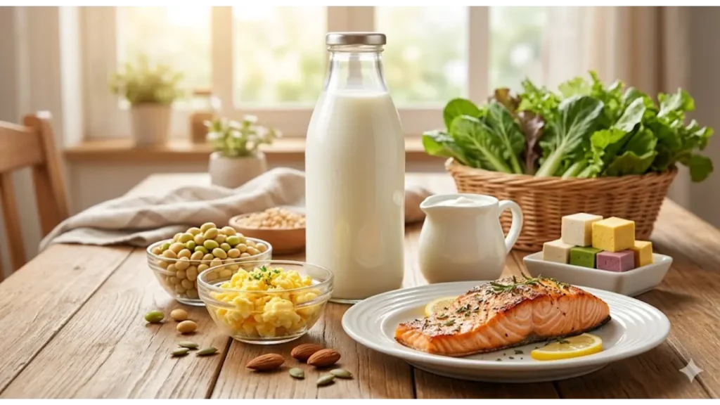 バスケの練習で疲労した筋肉を修復し身長を伸ばすタンパク質とカルシウム豊富な食事。牛乳、魚、卵、大豆製品が並ぶ。