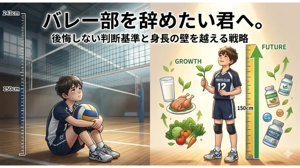 バレー部を辞めたいと悩む中学生の男の子が、体育館の床に座り込む左側と、健康的な食事や成長期サプリメントで将来の成長を夢見る右側の分割画像。上部には「バレー部を辞めたい君へ。後悔しない判断基準と身長の壁を越える戦略」というブログ記事タイトルが入っています。150cmから243cmまでの身長計も描かれています。