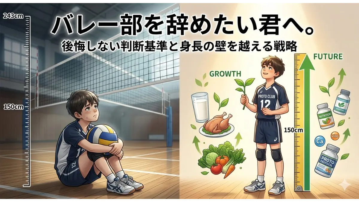 バレー部を辞めたいと悩む中学生の男の子が、体育館の床に座り込む左側と、健康的な食事や成長期サプリメントで将来の成長を夢見る右側の分割画像。上部には「バレー部を辞めたい君へ。後悔しない判断基準と身長の壁を越える戦略」というブログ記事タイトルが入っています。150cmから243cmまでの身長計も描かれています。
