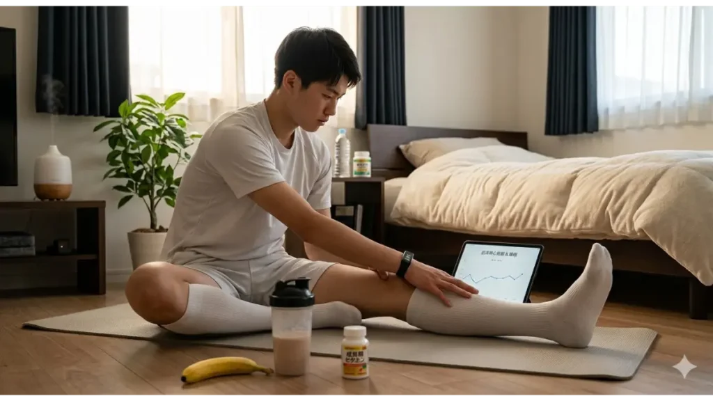 早期回復のための具体的な治し方（積極的休養、ストレッチ、栄養補給、睡眠環境の整備）を実践する、自宅の明るいマットの上で静的ストレッチ（ハムストリングスのストレッチ）を行いながら、タブレットで自分の健康データをチェックする若い日本の男性バレーボール選手の様子。