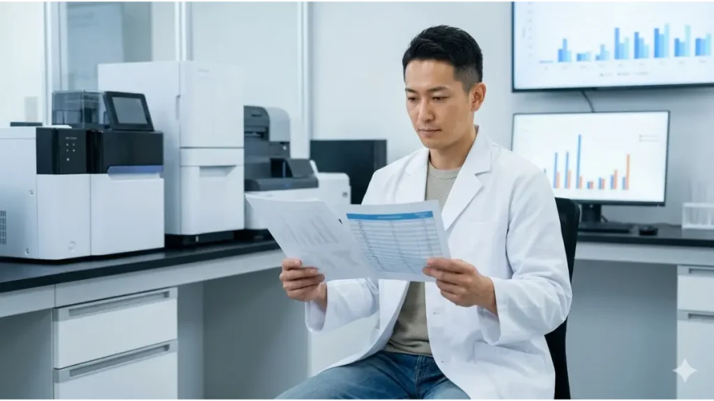 成長期戦略アナリストのハジメが骨の成長と栄養成分を分析する様子。