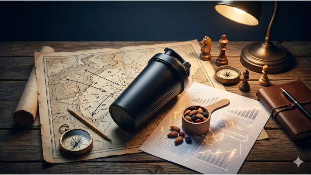 アンティーク地図の上に、黒いシェイカーボトル、メジャースプーンに入ったナッツ、コンパス、チェスの駒が戦略的に配置されたフォトリアリスティックなクローズアップ。