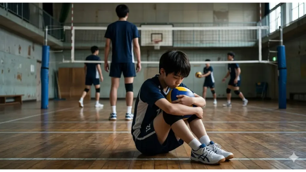 体育館の木製コートに座り込み、バレーボールを抱えて下を向く、小柄な日本人中学生の男の子。周囲の他の部員との身長差が感じられる、葛藤と孤独を表現した実写風の画像。