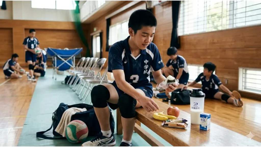 練習後、体育館のベンチで栄養補給のためにバランスの取れた軽食をとる日本人中学生選手。
