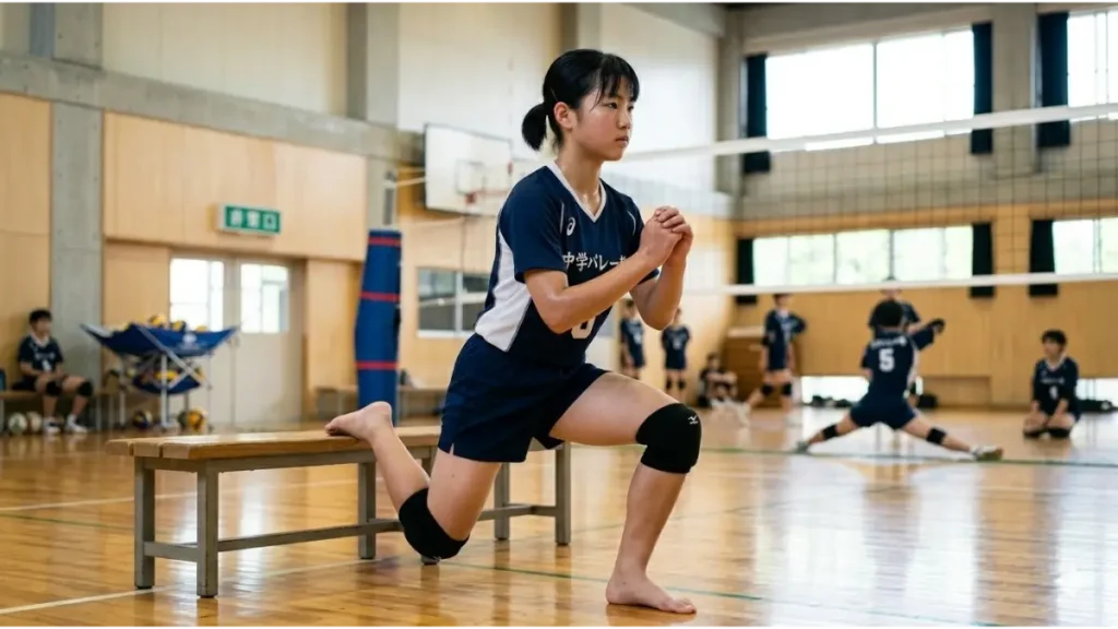 体育館で真剣な表情でブルガリアンスクワットをする日本人中学生女子バレーボール選手。