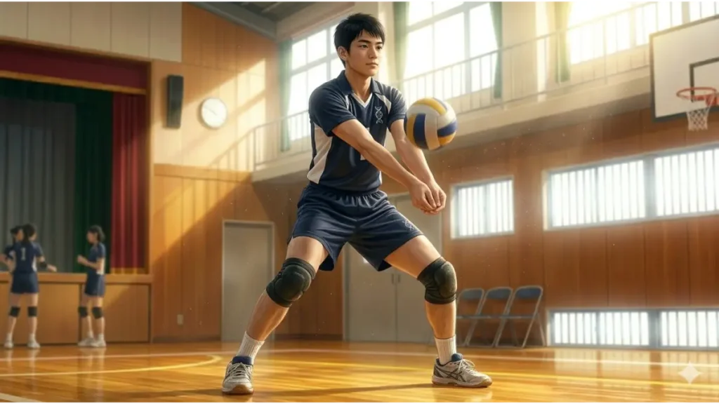 技術と身体づくりの融合を象徴する、身長の高い日本人中学生男子バレーボール選手が、余裕を持ってレシーブする姿。Strategic Helix Emblem入りのユニフォーム。