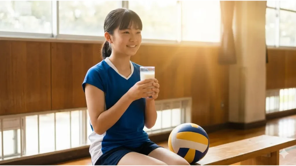 体育館のベンチで、練習の合間に笑顔で牛乳を飲む、健康的な日本人中学生女子バレーボール選手。