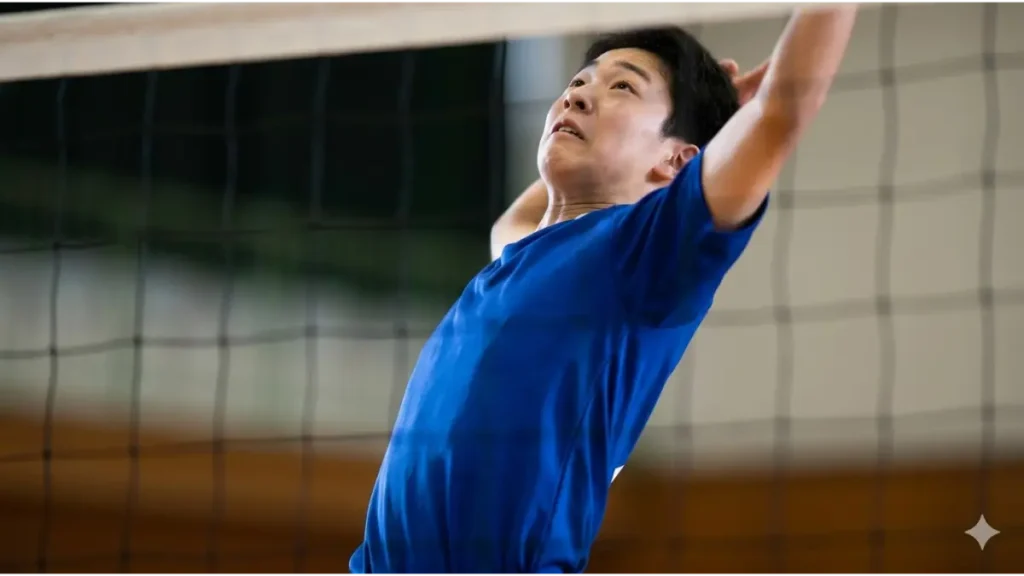 バレーボールジャンプ中に胸椎を伸展させ、空中姿勢のしなりを作る中学生選手のクローズアップ。