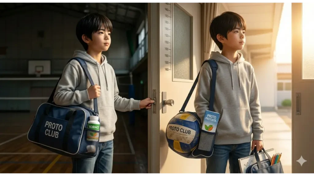 体育館の入り口で、きれいに片付けられたバレーボールが入ったバッグを背負い、外の明るい光に向かって立つ小柄な日本人中学生の男の子。彼のバッグからは、栄養情報の冊子やサプリメントのボトル(NOBIACE)、新しい趣味の道具が少し見えている。背景には身長計が部分的に写っている。過去に区切りをつけ、新しい未来へ踏み出す決意を表現した実写風の写真。