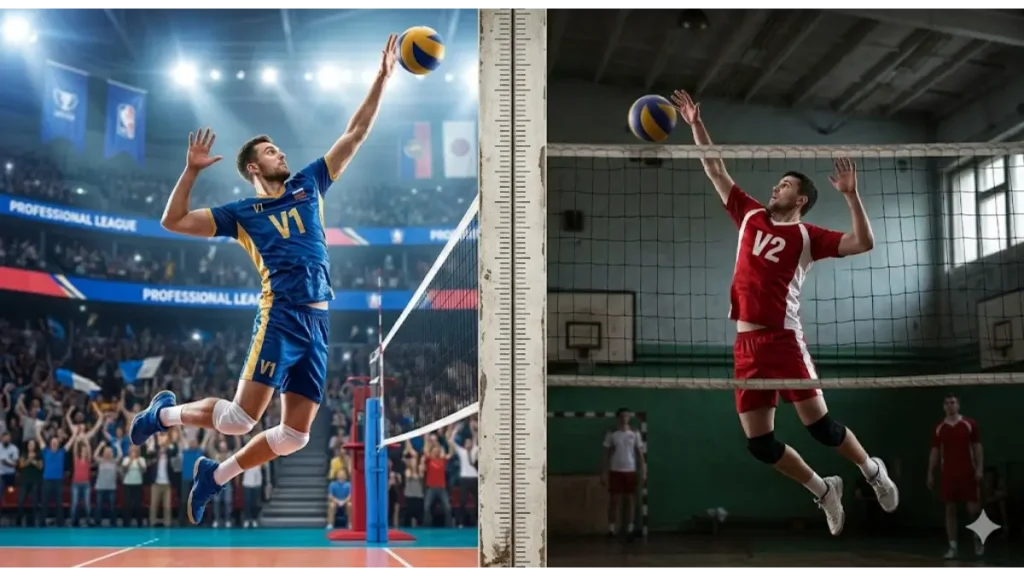 華やかなV1と対照的なV2のコートを、最高到達点の格差で分断した画像。中央の目盛りがプロを分かつ8.7cmの物理的境界線を象徴する。