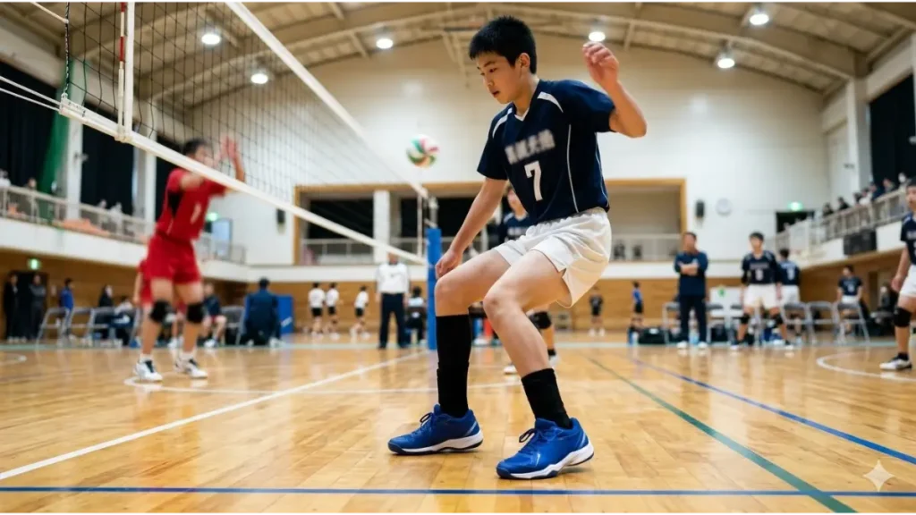 体育館のネット際で、ジャンプしてスパイクを打ち終えた中学生男子のアタッカーが、厚底のバレーボールシューズで両足着地する瞬間。足元に衝撃を和らげる様子が強調されている。