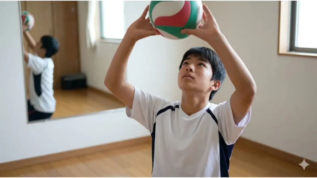 自宅で直上パスの基礎練習に集中する男子中学生