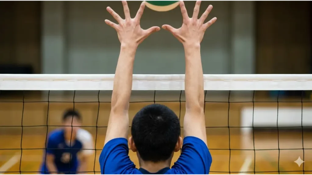 バレーボールネットの上で手指を強く開き、手首と肘を固定して強固なブロックを作る中学生選手の腕。