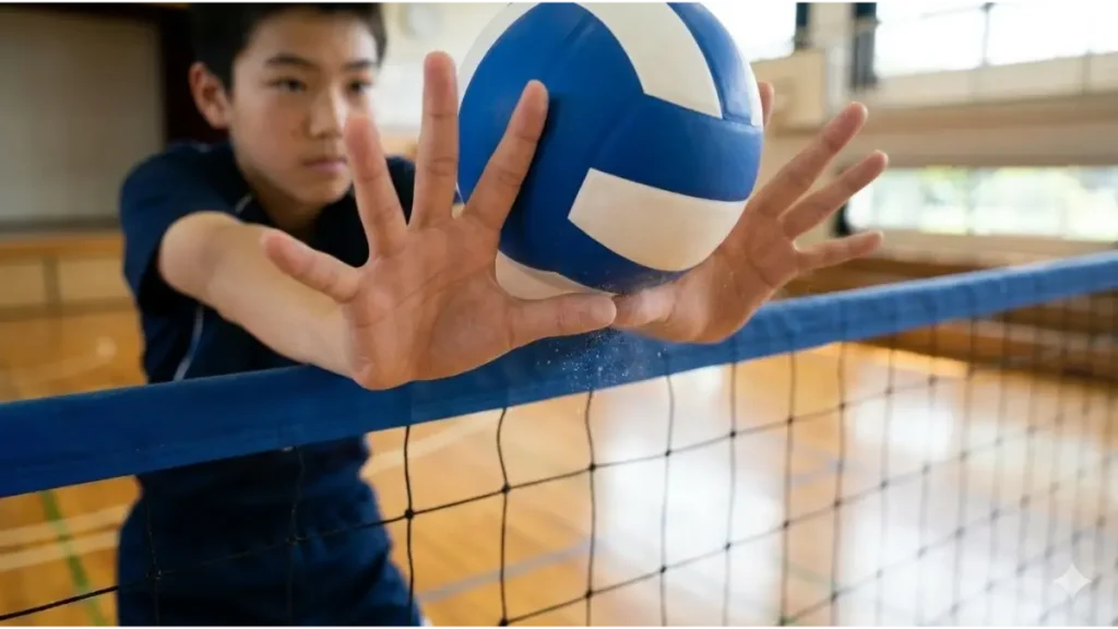 バレーボールのブロックで吸い込みを防ぐために親指と小指を大きく開いた手の形の解説イメージ