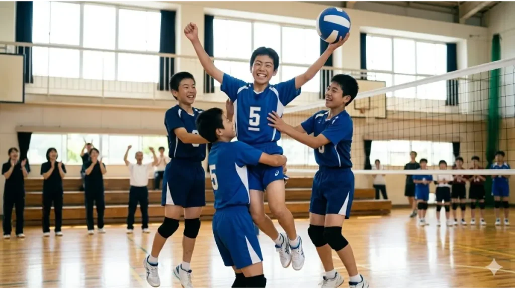 バレーボールの試合でブロックを成功させチームメイトと喜び合う中学生選手の感動的なシーン