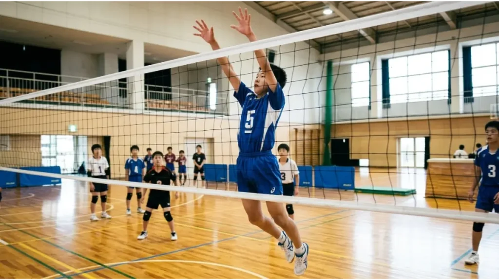 バレーボールの試合でブロックを成功させチームメイトと喜び合う中学生選手の感動的なシーン