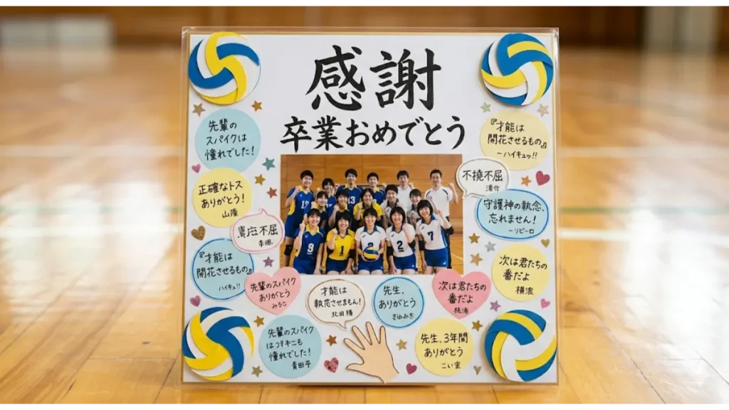 体育館の木製コートの床に立てられた、バレーボール部の卒業・引退用の手作り寄せ書き色紙。中央にチーム写真と「感謝」「卒業おめでとう」の文字。周囲には「先輩のスパイクは憧れでした!」「正確なトスありがとう!」「ハイキューの名言『才能は開花させるもの』」などの多くの感謝と励ましの手書きメッセージが散りばめられている。四隅にはバレーボール型のステッカーと、小さなハートや星のシール、手形の装飾が施されている。