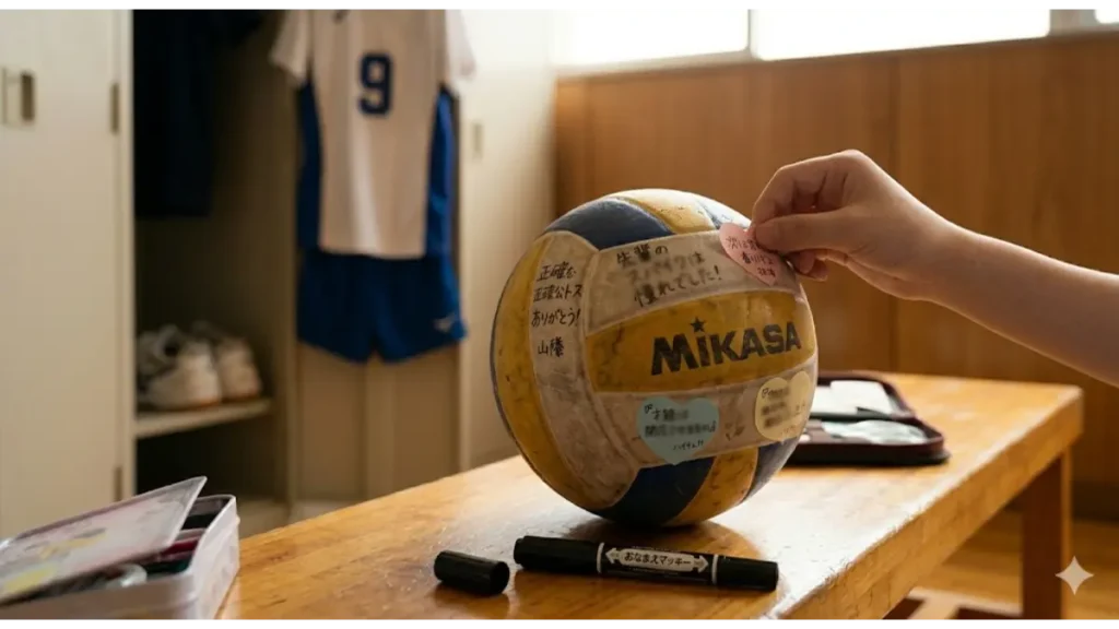 体育館の木製ベンチに置かれた使い込まれたバレーボール。引退する先輩への寄せ書きメッセージを書き込んでいる後輩の手(クローズアップ)。ペン先とボールの表面に識別できない日本語メッセージが重なり、ロッカールームの雰囲気が少しボケて背景に見える。