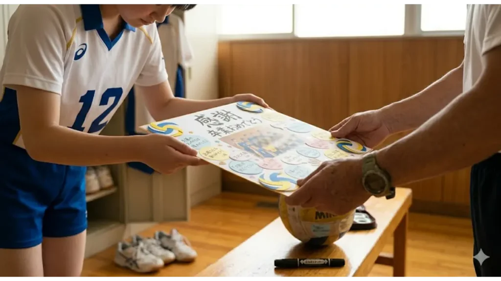 体育館の木製ベンチに置かれた使い込まれたバレーボール。引退する先輩への寄せ書きメッセージを書き込んでいる後輩の手(クローズアップ)。ペン先とボールの表面に識別できない日本語メッセージが重なり、ロッカールームの雰囲気が少しボケて背景に見える。