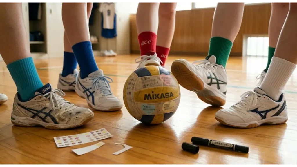 体育館の木製ベンチに置かれた使い込まれたバレーボール。引退する先輩への寄せ書きメッセージを書き込んでいる後輩の手(クローズアップ)。ペン先とボールの表面に識別できない日本語メッセージが重なり、ロッカールームの雰囲気が少しボケて背景に見える。