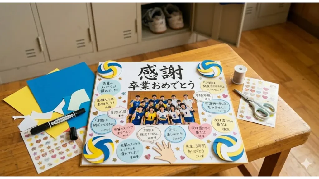 体育館の木製ベンチに置かれた使い込まれたバレーボール。引退する先輩への寄せ書きメッセージを書き込んでいる後輩の手(クローズアップ)。ペン先とボールの表面に識別できない日本語メッセージが重なり、ロッカールームの雰囲気が少しボケて背景に見える。
