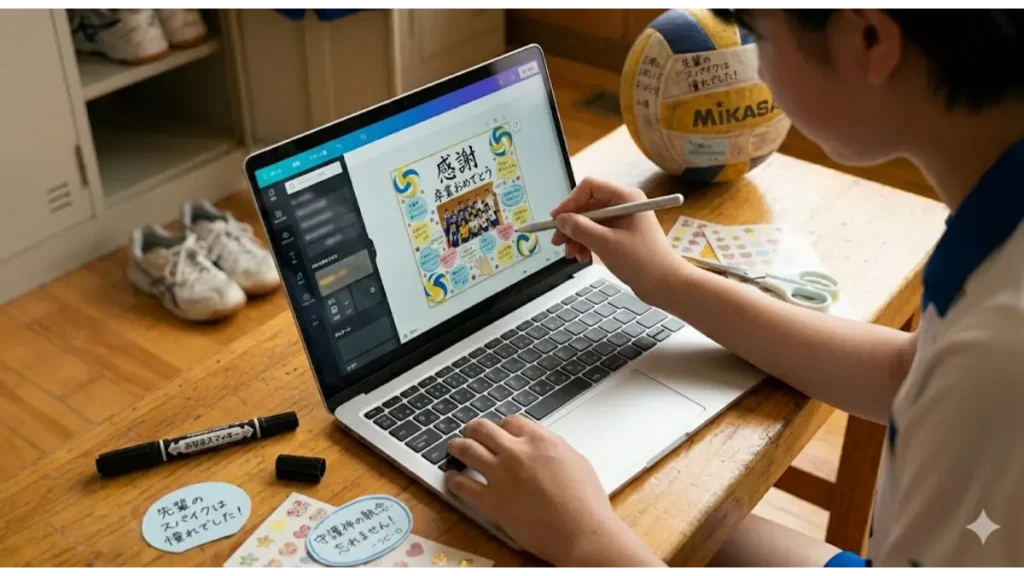 体育館の木製ベンチに置かれた使い込まれたバレーボール。引退する先輩への寄せ書きメッセージを書き込んでいる後輩の手(クローズアップ)。ペン先とボールの表面に識別できない日本語メッセージが重なり、ロッカールームの雰囲気が少しボケて背景に見える。