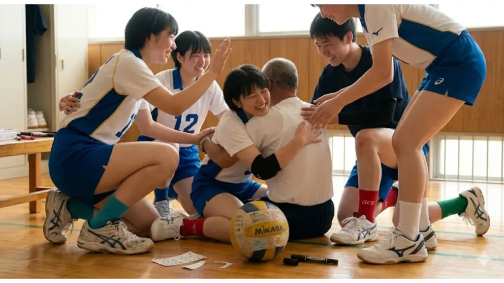 体育館の木製コートの床に、勝利を祝って抱き合いながら座るバレーボール部の男女混合チームのメンバー。中央には感謝の寄せ書きメッセージが貼られた使い込まれたバレーボール。その周囲には、寄せ書き作成に使われたおなまえマッキーペンとメッセージシールの端切れが散らばっている。全員が笑顔で、本物の絆と感動を表現している実写風の実証写真。