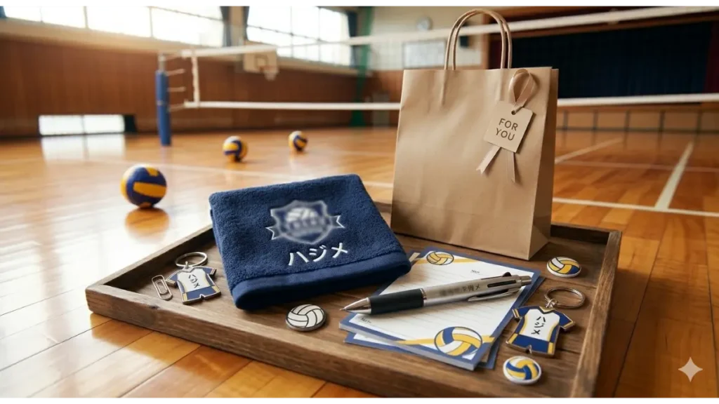バレーボール部の体育館の床に、予算1000円程度のセンスの良いプチギフトを並べた実写風写真。名入れの多機能ボールペン（ジェットストリーム）、刺繍入り今治タオルハンカチ、ユニフォーム型キーホルダー、モチーフステーショナリーがギフト袋と共に魅力的に配置されている。背景にblurredなネットやボール。