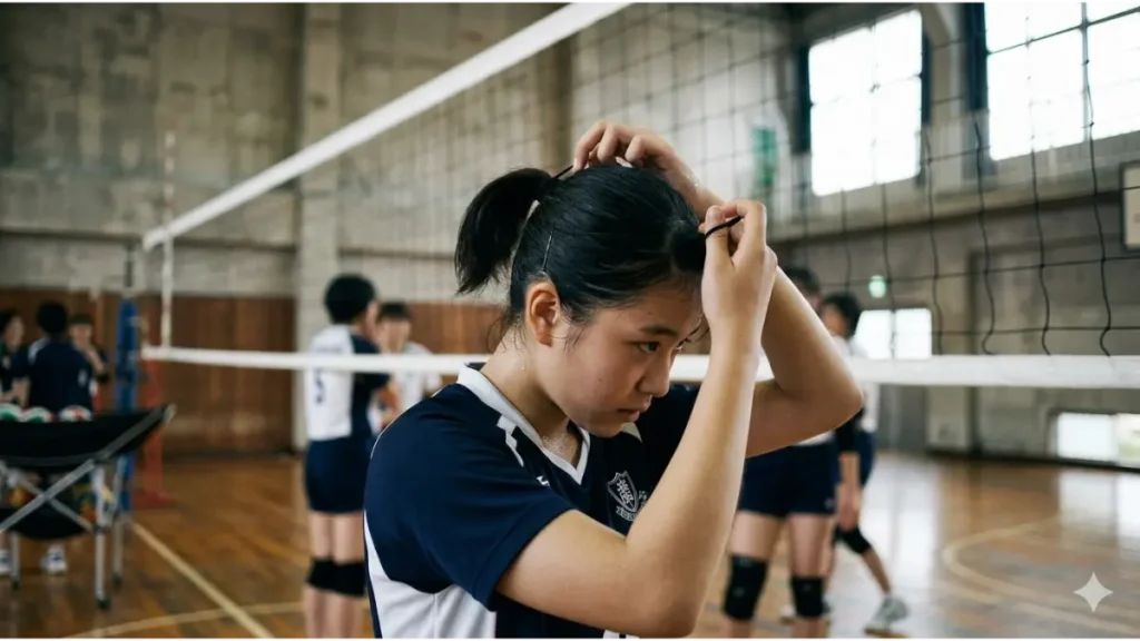 日本の学校の体育館で、バレーボール部の女子生徒が練習前に髪をきつく結び、戦う準備を整えているリアルなドキュメンタリー写真。背景のボケには高いネットが映り込み、体格の壁を暗示している。