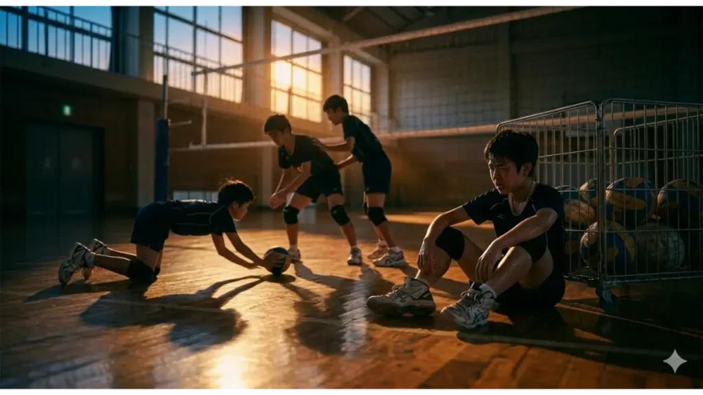 夕暮れの体育館で汗だくになって座り込む小柄なバレー部員たち。