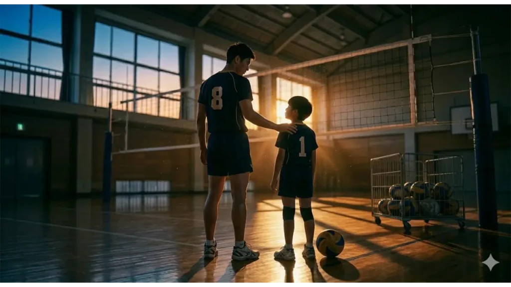 夕暮れの体育館で、完璧に挙げられたトスをスパイカーが打ち込む瞬間の、実写写真。