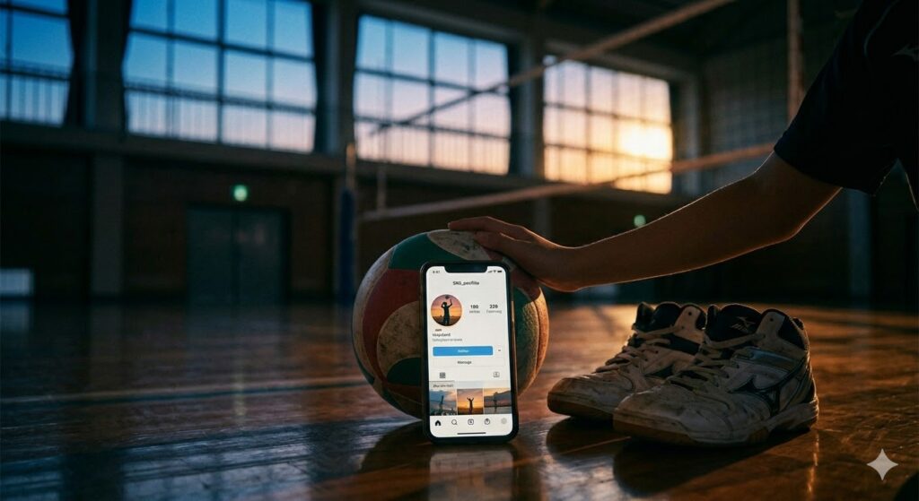 夕暮れの体育館の床に置かれた、使い込まれたバレーボールとシューズ。スマートフォンにはSNSアイコン設定用のイラストが表示されている。