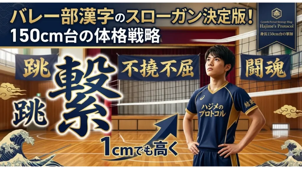 体育館でネットを見上げる身長150cm台の日本人バレー部選手と、力強い筆文字の漢字スローガン「繋」「跳」。背景の横断幕には「不撓不屈」「闘魂」。バレー部漢字スローガンの決定版と体格戦略の記事アイキャッチ画像。