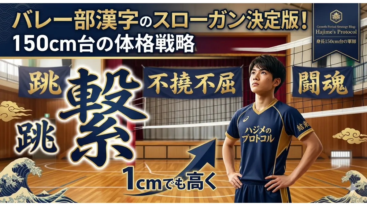 体育館でネットを見上げる身長150cm台の日本人バレー部選手と、力強い筆文字の漢字スローガン「繋」「跳」。背景の横断幕には「不撓不屈」「闘魂」。バレー部漢字スローガンの決定版と体格戦略の記事アイキャッチ画像。