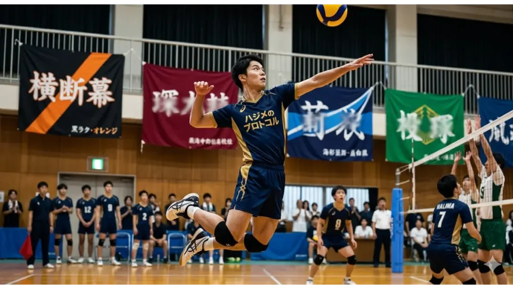 複数の横断幕が掲げられた体育館で、限界を超えて高く跳躍する小柄な男子バレーボール選手（150cm台）。背景の横断幕は、異なる強豪校の異なる競技哲学（攻撃、組織、ストイックなど）を象徴しており、文字はなし。ペルソナ「ハジメ」の成長戦略と精神性を表現。