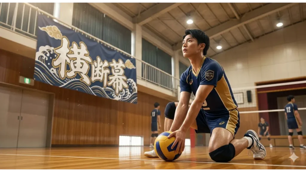 体育館で練習する身長150cm台の男子バレーボール選手（ハジメのプロトコルユニフォーム）。彼が膝をつくコートの横には、力強い筆文字の漢字スローガン「繋」と「跳」がデザインされた大きな横断幕が掲げられている。現代のバレー部で漢字を精神的・戦略的な指針として活用する様子を表現した実写写真。