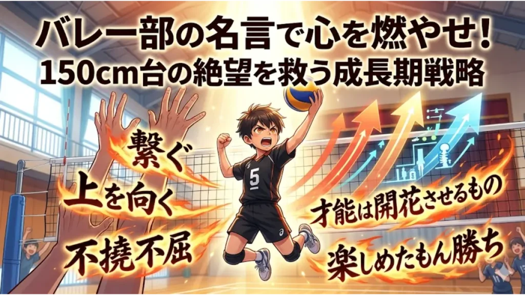『バレー部の名言で心を燃やせ！150cm台の絶望を救う成長期戦略』のアイキャッチ画像。小柄なバレーボール選手が体育館でボールを繋ぐためにジャンプしており、上向きの成長矢印と記事タイトルが描かれている。