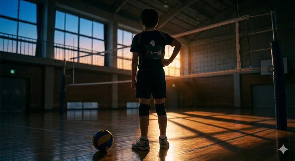 夕暮れの体育館で窓の外を眺める、後ろ姿の小柄なバレー部員。 jersey number badge adjusts to subtle 'バレー部' in smaller Japanese. Long shadows of the net are cast across the polished floor.